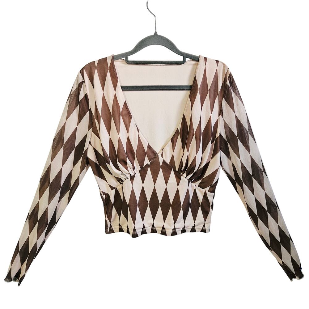 Forest Ink Harlequin V-Neck Long Sleeve Blouse Brown Diamond Print Size XL